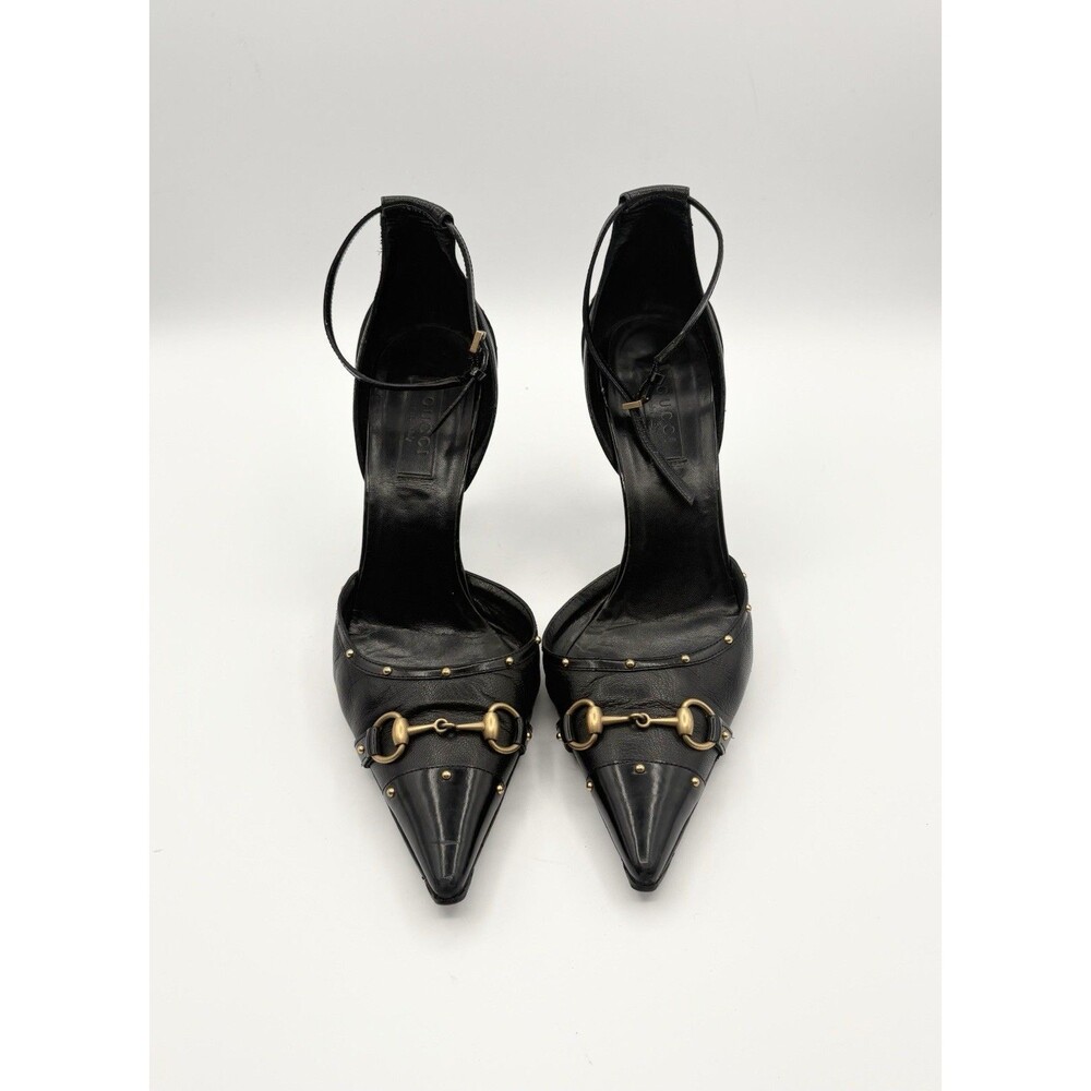 Gucci Black Leather Horsebit Studded Pointed Toe Ankle Strap Heels Size EU 38 - Picture 2 of 14